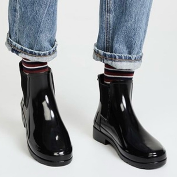 Hunter Original Refined Chelsea Black Glossy Pull On Rain Boots Women’s Size 9 - Picture 1 of 16